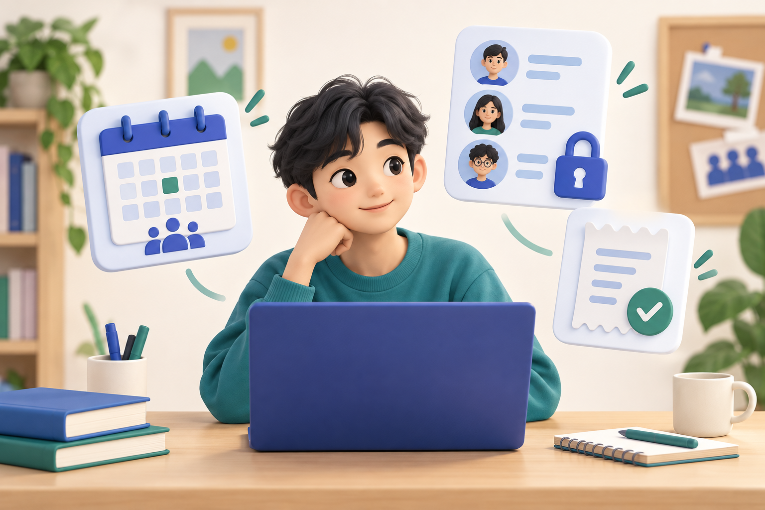 Người quản trị bên laptop; lịch câu lạc bộ, danh sách thành viên có khóa và phiếu lệ phí